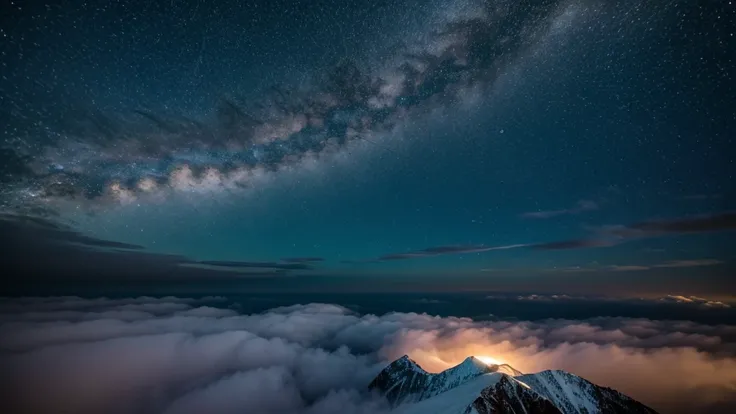 "A majestic mountain peak surrounded by swirling clouds under a starlit sky. At the summit, figures from different historical periods—ancient warriors, medieval scholars, and modern scientists—gather in quiet contemplation. Above them, constellations form ...