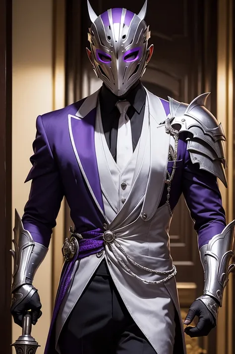 Gentleman in full armor and silver metal mask holding a purple orchid in his hand 