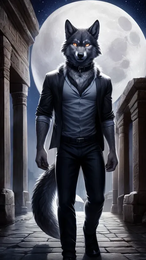 male wolf, full body covered in fluffy fur, Sensual, detailed, Uploaded to e621, beautiful and detailed portrait of an anthropomorphic gray wolf (((male))), film lighting, moon lights in an ancient city, glowing eyes, gray fur, he is wearing black pants an...