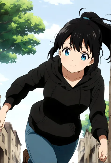 Black Hair、Blue Mesh、ponytail、Black hoodie、Girl、A big smile、Anime Style