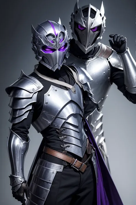 Make a gentleman with full metal armor, including mask. The color of the armor must be silver. And the gentleman is holding a purple orchid