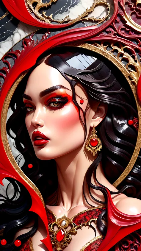 a beautiful illustration of megan fox as a very muscular vampire girl in an abstract marble texture with a tarot style frame, wi...