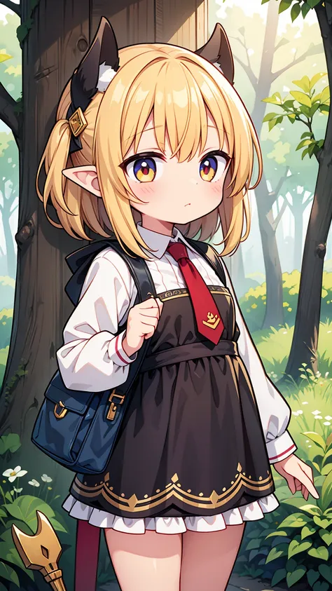 Masterpiece, Best Quality, high resolution, (loli), girl, goblin, small busts, female goblin clothing, has a spear, shy face, he is afraid, is in the forest, she has golden eyes