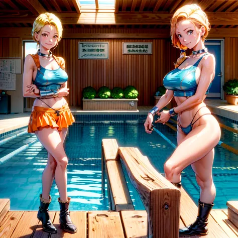 ((Highly detailed CG, anime image, art CG))((Clearly drawn face, cowboy shot))((Smiling face))(Indoor pool), Jessica Albert (Dragon Quest), 1 girl, competitive swimsuit, orange short pigtails, more prisms, vibrant colors, standing pose, full body, glamorou...