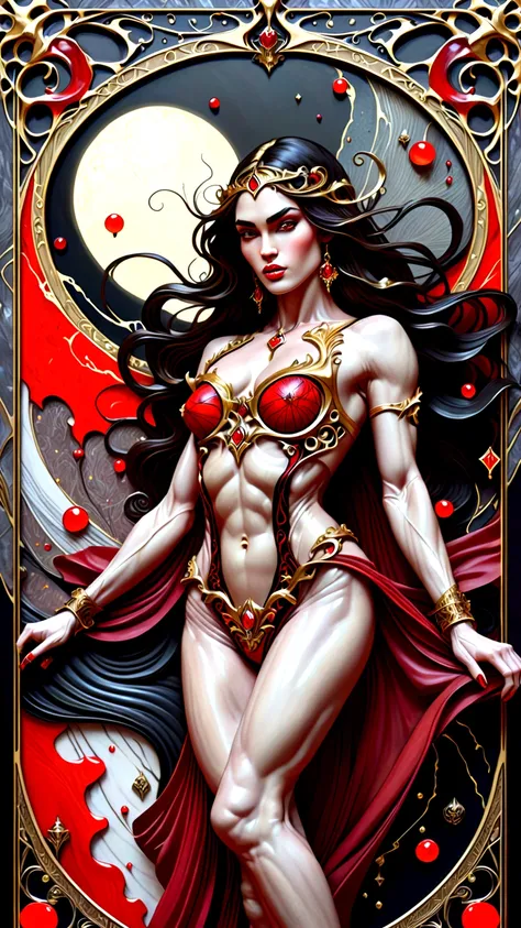 a beautiful illustration of megan fox as a very muscular vampire girl in an abstract marble texture with a tarot style frame, with colors of obsidian black, shiny gold, and ruby red, highly detailed, intricate design, BY Anne Bachelier,