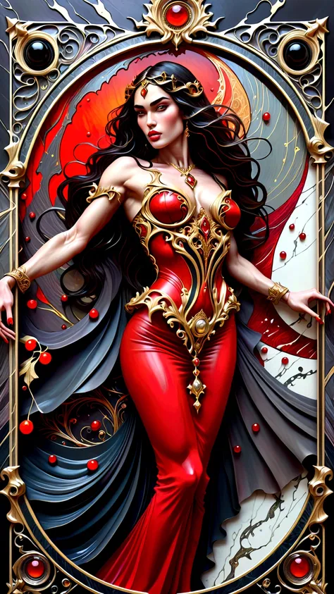 a beautiful illustration of megan fox as a very muscular vampire girl in an abstract marble texture with a tarot style frame, with colors of obsidian black, shiny gold, and ruby red, highly detailed, intricate design, BY Anne Bachelier,