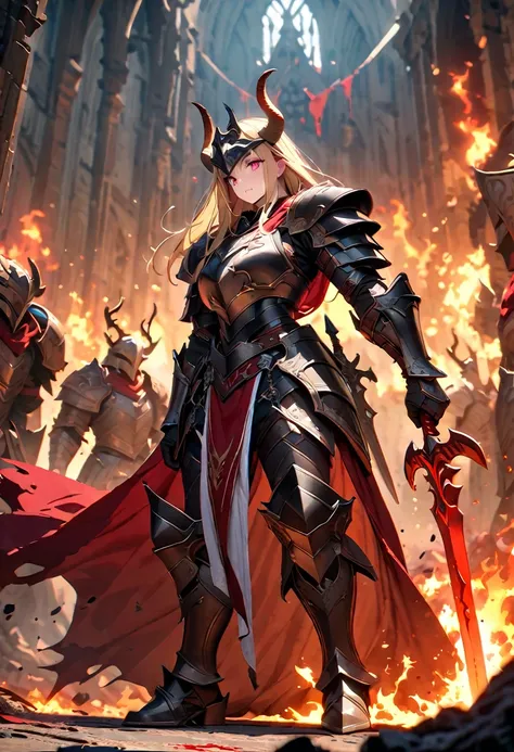 Masterpiece, exquisite and detailed, 8k, high resolution, merdieval fantasy, warrior, long blonde hair, light red eyes, muscular body, helmet with horns, black armor with red cape, carving of a red deer on the breastplate of the armor, standing with the fl...