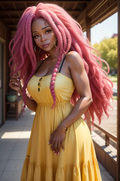 Make a 47 year old black woman with long curly pink hair and wearing a long yellow dress fully detailed 