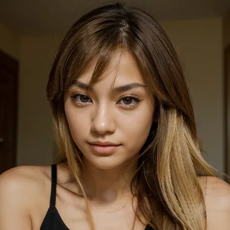 Mixed european and asian descent woman with blond hair with dark brown eyes