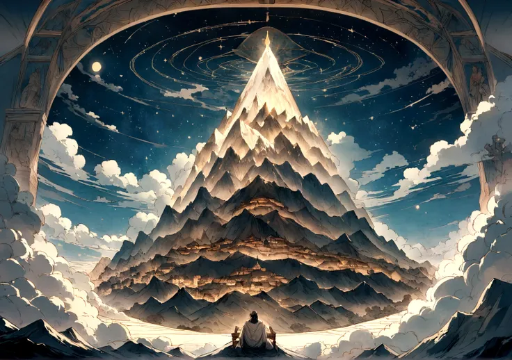 "A majestic mountain peak surrounded by swirling clouds under a starlit sky. At the summit, figures from different historical periods—ancient warriors, medieval scholars, and modern scientists—gather in quiet contemplation. Above them, constellations form ...