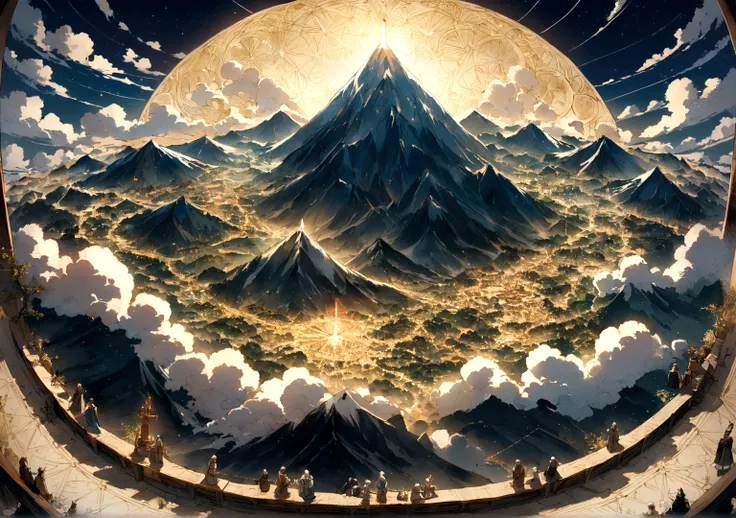 "A majestic mountain peak surrounded by swirling clouds under a starlit sky. At the summit, figures from different historical periods—ancient warriors, medieval scholars, and modern scientists—gather in quiet contemplation. Above them, constellations form ...