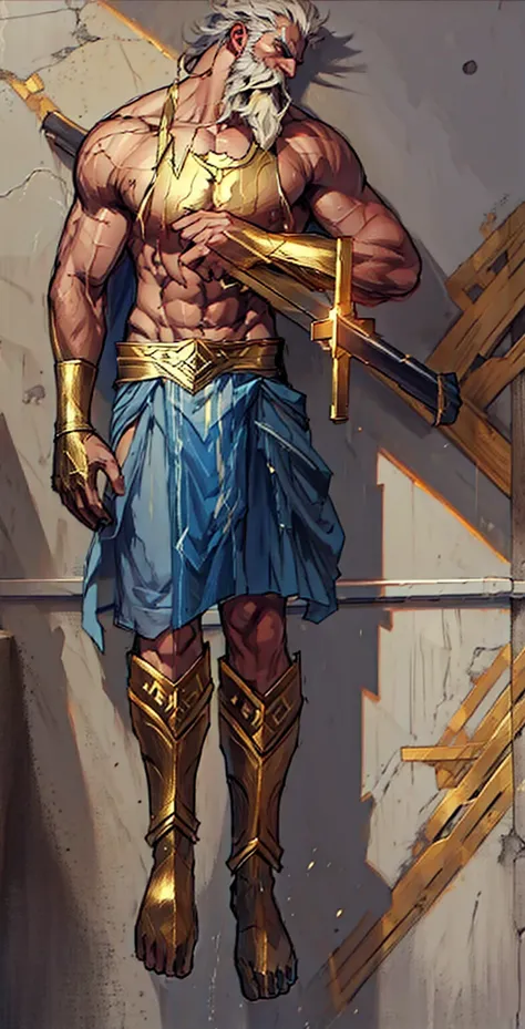 Zeus barricaded against a wall, sword through his chest