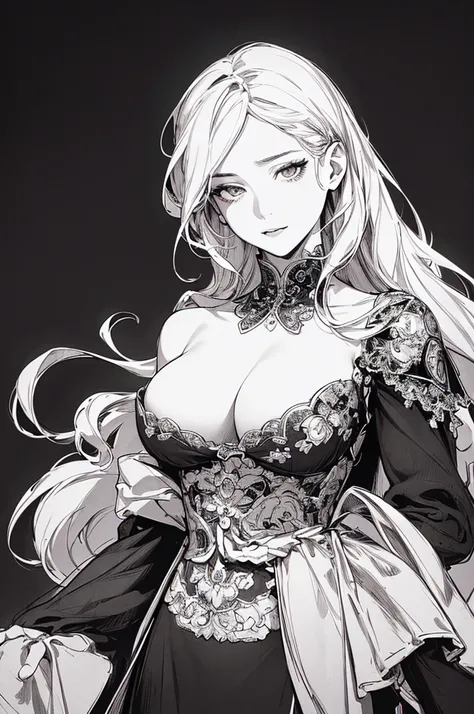 Highest quality, (Background details), High Contrast, Very beautiful woman, Detailed original illustrations、functional、Delicate face、charm、sexy、Real breasts、  Head close-up, Black background, (Black background: 1.5), Beautiful line art、Monochrome