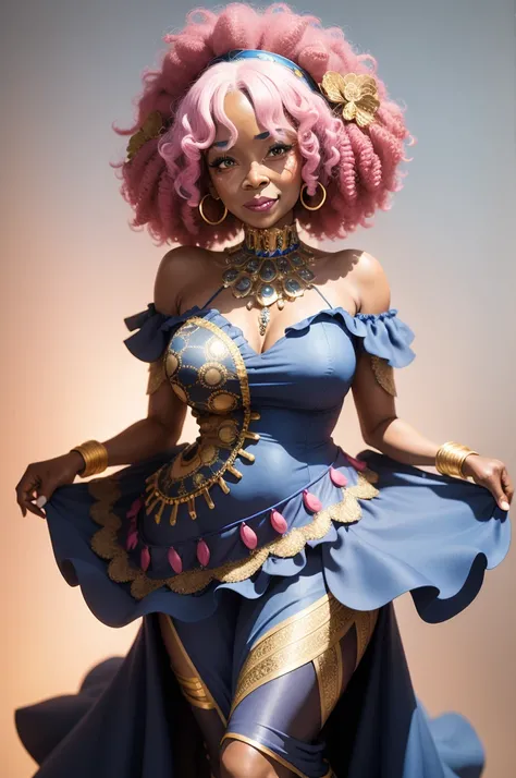 Make an 87-year-old black woman with curly pink hair wearing a blue dress with gold details 