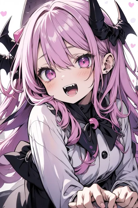 chibi anime girl, pink hair, neatly styled, black hood with devil horns, skull hair clip, big round purple eyes, excited express...