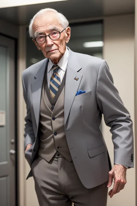 Make a 90 year old man wearing a gray suit 