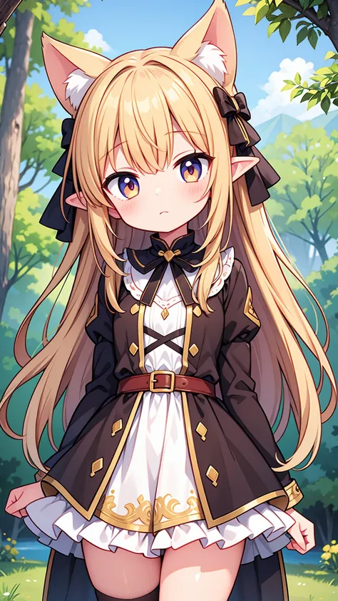 Masterpiece, Best Quality, high resolution, (loli), girl, goblin, small busts, worn brown tunic, has a spear, shy face, he is afraid, is in the forest, she has golden eyes