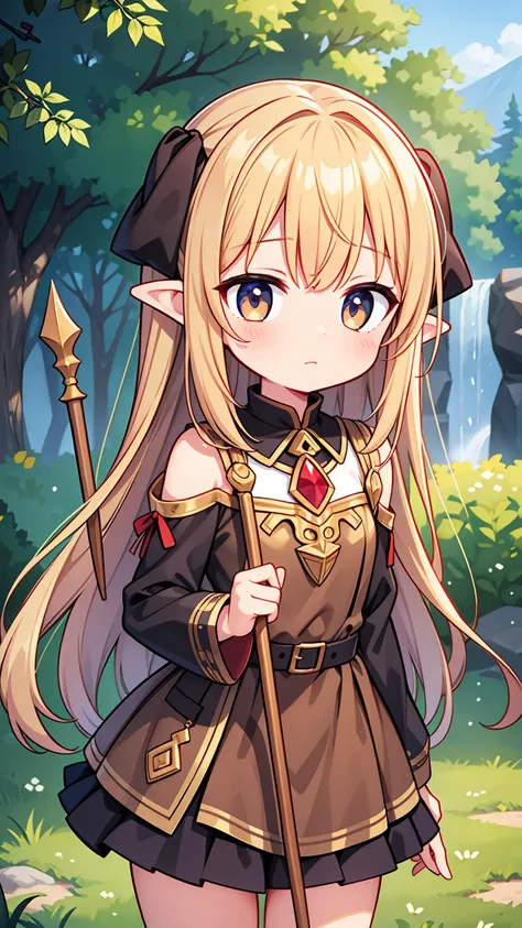 Masterpiece, Best Quality, high resolution, (loli), girl, goblin, small busts, worn brown tunic, has a spear, shy face, he is afraid, is in the forest, she has golden eyes