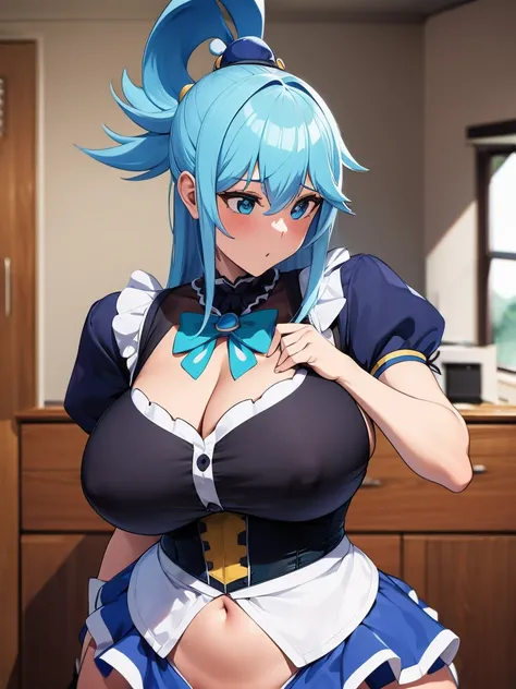 1 girl, Aqua Konosuba, maid costume, Black Stockings, black gloves, Black corset, The blouse is unbuttoned,big breasts, huge ass, leaned on her elbows, Bedroom