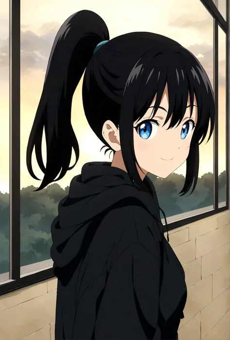 Black Hair、Blue Mesh、ponytail、Black hoodie、Girl、smile、Anime Style