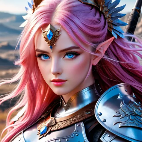 A hyper-realistic portrait of a warrior maiden with blue eyes and long pink hair, wearing intricate armor and set against a battlefield background.