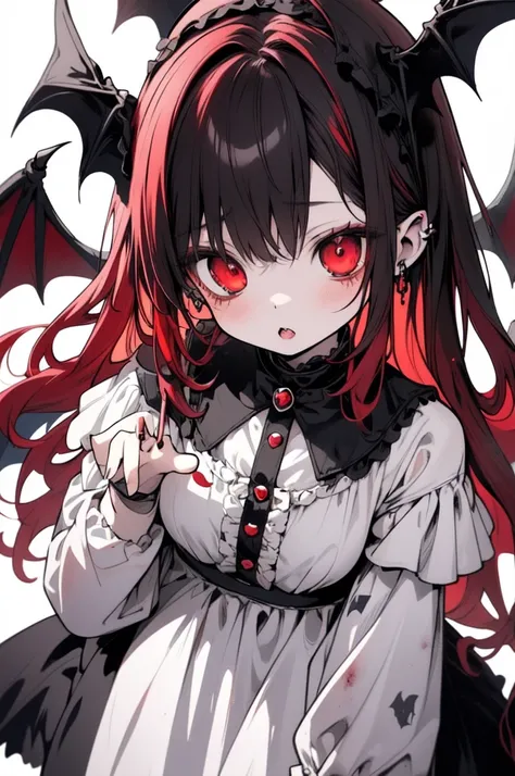 Gothic chibi girl, red hair, bat wings, white dress with blood stains, dark theme, big eyes, horror style, creepy cute, kawaii, chibi art, spooky aesthetic, character design, fantasy illustration, interesting pose, random pose