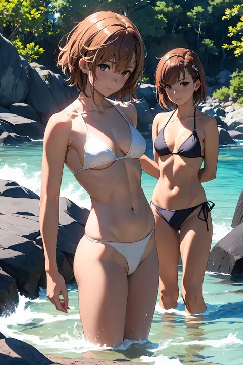 Browsing Caution　(Highest quality:1.5, High resolution, 超High resolution, 4K, Detailed lighting, Shaders), Browsing Caution Misaka Mikoto,　{alone}++ short hair　Brown Hair　Brown eyes　Cool face　White thong bikini　Realistic sun rays　 Beautiful beaches　Super f...