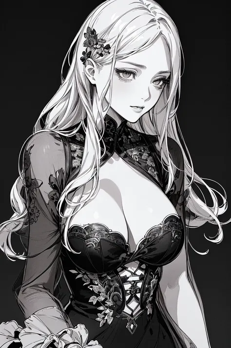 Highest quality, (Background details), High Contrast, Very beautiful woman, Detailed original illustrations、functional、Delicate face、charm、sexy、Real breasts、  Head close-up, Black background, (Black background: 1.5), Beautiful line art、Monochrome