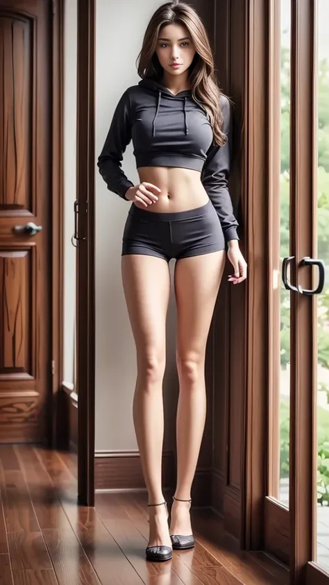 ((Realistic lighting, Top quality, 8K, Masterpiece, Full body portrait: 1.3)), Sports shorts, Short shorts, Sharp focus: 1.2, 1 girl, Perfect figure: 1.4, Slim abs: 1.1, Hips, slim thighs, thigh gap, ((dark brown hair)), (hoodie: 1.4), very detailed face, ...