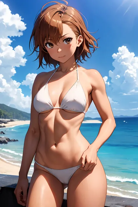 Browsing Caution　(Highest quality:1.5, High resolution, 超High resolution, 4K, Detailed lighting, Shaders), Browsing Caution Misaka Mikoto,　{alone}++ short hair　Brown Hair　Brown eyes　Cool face　White thong bikini　Realistic sun rays　 Beautiful beaches　Super f...