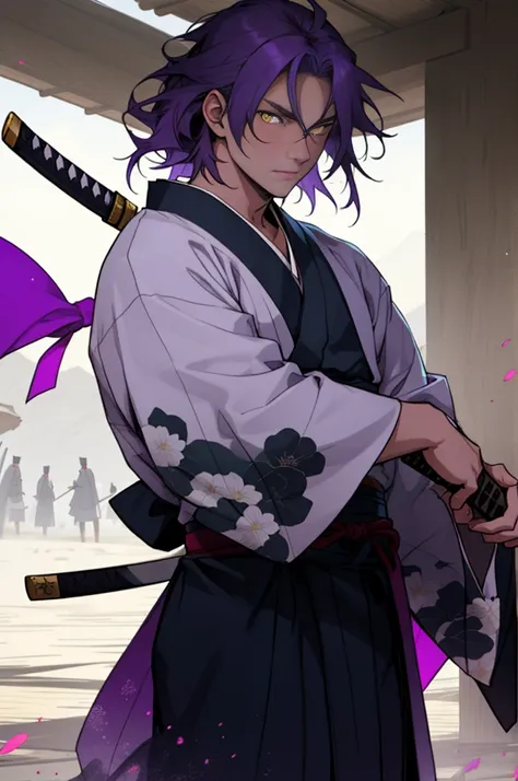 A boy, naughty man, adolescent, purple hair, yellow  eyes, posing, with a samurai kimono, holding a katana, and with the hair down looking like L&#39;s hair from death note.