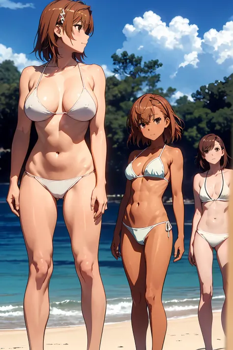 Browsing Caution　(Highest quality:1.5, High resolution, 超High resolution, 4K, Detailed lighting, Shaders), Browsing Caution Misaka Mikoto,　{alone}++ short hair　Brown Hair　Brown eyes　Cool face　White thong bikini　Realistic sun rays　 Beautiful beaches　Super f...