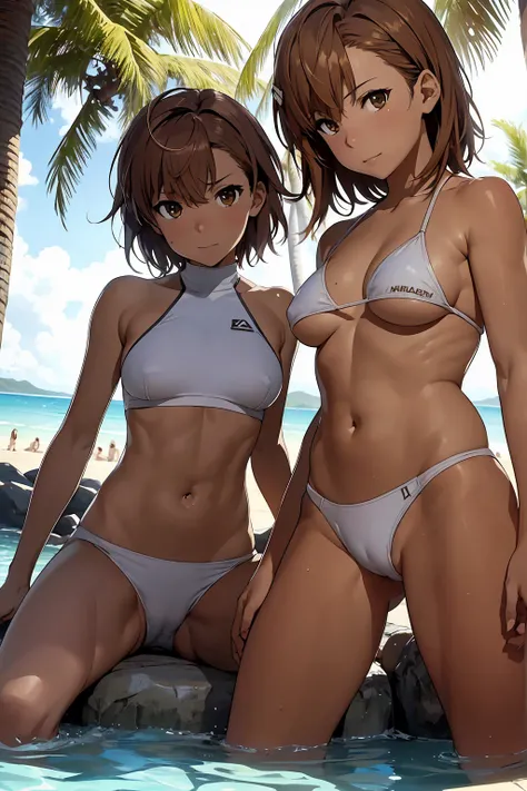 Browsing Caution　(Highest quality:1.5, High resolution, 超High resolution, 4K, Detailed lighting, Shaders), Browsing Caution Misaka Mikoto,　{alone}++ short hair　Brown Hair　Brown eyes　Cool face　　Realistic sun rays　 Beautiful beaches　Super fatty muscle　Muscul...