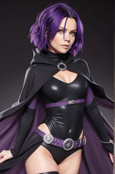 1girl, raven, black leotard, black cape, hood, purple hair, forehead jewel, purple eyes, short hair, belt, [Victoria Beckham], [[Kate Beckinsale]], [[[Jenna Coleman]]], [[[Tricia Helfer]], skin tight, standing, cleavage, toned, breasts, pose, night, moonli...