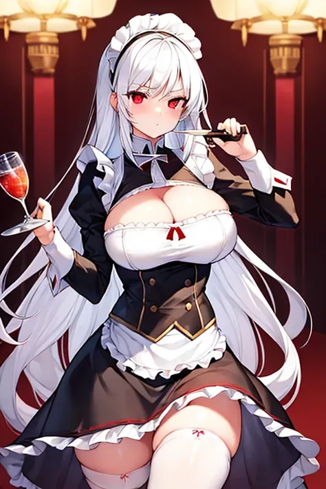 1girl, white hair, long hair, red eyes, knife, maid, large breasts, thick thighs, skirt, bare legs, maid, maid outfit, cleavage, cleavage cutout, serious, mature female, belt, glowing eyes