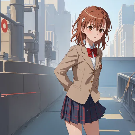 ((Best Quality)), ((masterpiece)), (detailed), 1girl, solo, perfect face, beautiful face, detailed face, perfect eyes, perfect hair, detailed hair, Misaka_mikoto, bowtie, brown jacket, red bow, red bowtie,blazer, bow, pleated skirt, grey skirt, blue plaid ...