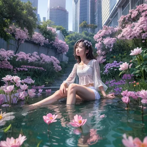 280th floor infinity pool，The tallest building in the urban forest, {Around bonsai|Luo Han Song|coconut palms|tulips|Rose flower}, ExtermlyDetaild(ProfessionlPhoto of Girl floating in the sky:1.37)(Masterpiece 8K TopQuality:1.2), ExtremelyDetailed KAWAII f...