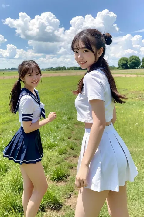 2 girls hopping in rural field,cumulonimbus cloud in summer blue sky,white sailor shirt,lifted up navy blue pleated skirt,white panties,18-year-old,bangs,a little smile,thighs,knees,short hair with low pigtails bunches,from beside,front light