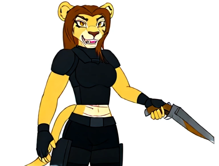 cartoon of a woman with a knife and a lion head, the smooth black Leona, warrior ferret, female main character, female fursona, valkyrie style character, Leona, SCAR, threatening pose