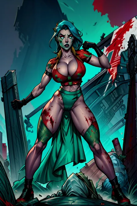 zombie girl teal skin, huge breasts, torn swat clothing, combat shorts, black gloves, blood stains all over her body, blue hair, glowing green eyes, posing as a villain, battle pose (((stance))) , cemetery background , full body focus, hdr.