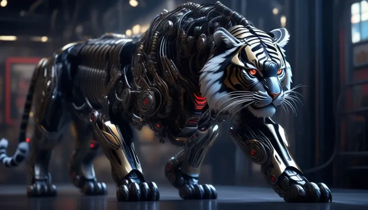 Ultra-realism, ((Masterpiece)), ((Best Quality)), (Very Detailed), ((Very Detailed)), 4K, (8K), very aesthetic, absurdres highres, Ultra-high detailed mechanical tiger robot with realistic metallic textures, chrome, stainless steel, and brass surfaces, exp...