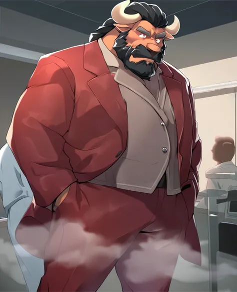 buffalo，personification，Mature male，Hercules，Black hair，naked，Cold expression，Red pupil，Gray eyebrows，Dark red suit，Hands in pockets，The Age of Steam，Hospital Office。