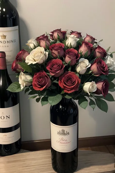 01 bouquet of roses and a bottle of wine