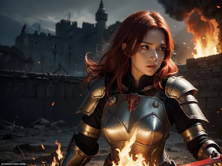 A female warrior with heavy armor, red hair, yellow eyes, a black and red sword, a background of a burning castle and corpses