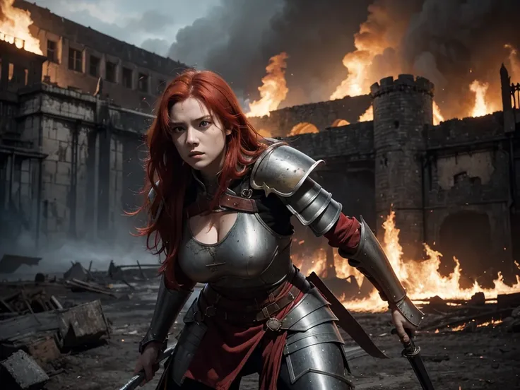 A female warrior with heavy armor, red hair, yellow eyes, a black and red sword, a background of a burning castle and corpses