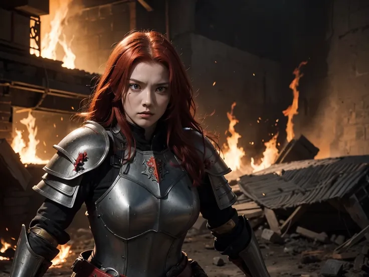 A female warrior with heavy armor, red hair, yellow eyes, a black and red sword, a background of a burning castle and corpses