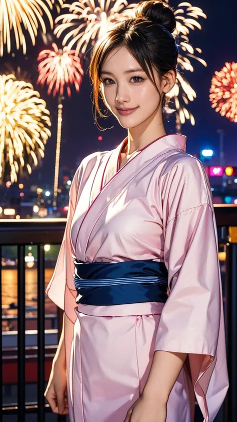 ((masterpiece)),(((Highest quality))),((Character design sheet)),A Japanese yukata with a flashy pattern:1.5，Stylish sandals:1.5，The best smile:1.5，Upper Body Shot:1.5，Night fireworks background:1.5，Flashy makeup with red eyeshadow:1.5，Bun Hair:1.5，