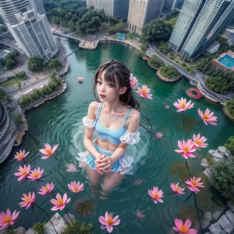 280th floor infinity pool，The tallest building in the urban forest, {Around bonsai|Luo Han Song|coconut palms|tulips|Rose flower}, ExtermlyDetaild(ProfessionlPhoto of Girl floating in the sky:1.37)(Masterpiece 8K TopQuality:1.2), (ExtremelyDetailed KAWAII ...