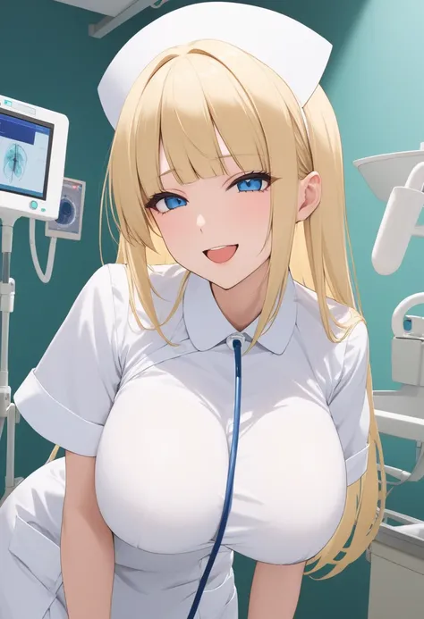 score_9, score_8_up, score_7_up, Expressiveh, 1girl, solo, hime cut, blunt bangs, long blond hair, smirk, half-closed eyes, looking at viewer, open mouth, large breasts, blue eyes, operating room, White nurse uniform smooth, nurse, nurse hat, enema