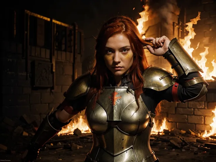 A female warrior with heavy armor, red hair, yellow eyes, a black and red sword, a background of a burning castle and corpses